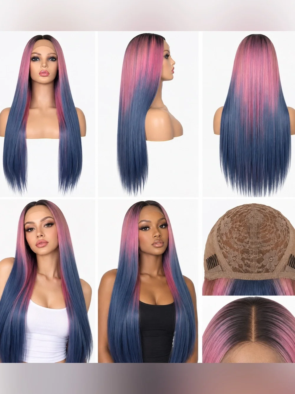 Long Straight Pink to Blue Ombre Wig - Sleek Women's Hair